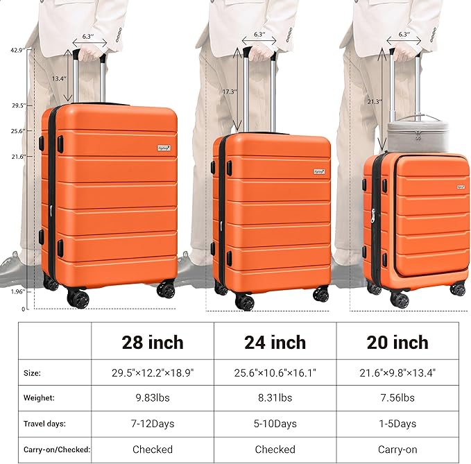SmileLine 3-Piece Luggage Set Lightweight Hardside Suitcase TSA Lock Spinner Wheels, 20" Expandable Carry-On Luggage with Quick Access Front Open Pocket, Bonus Makeup Bag,Orange