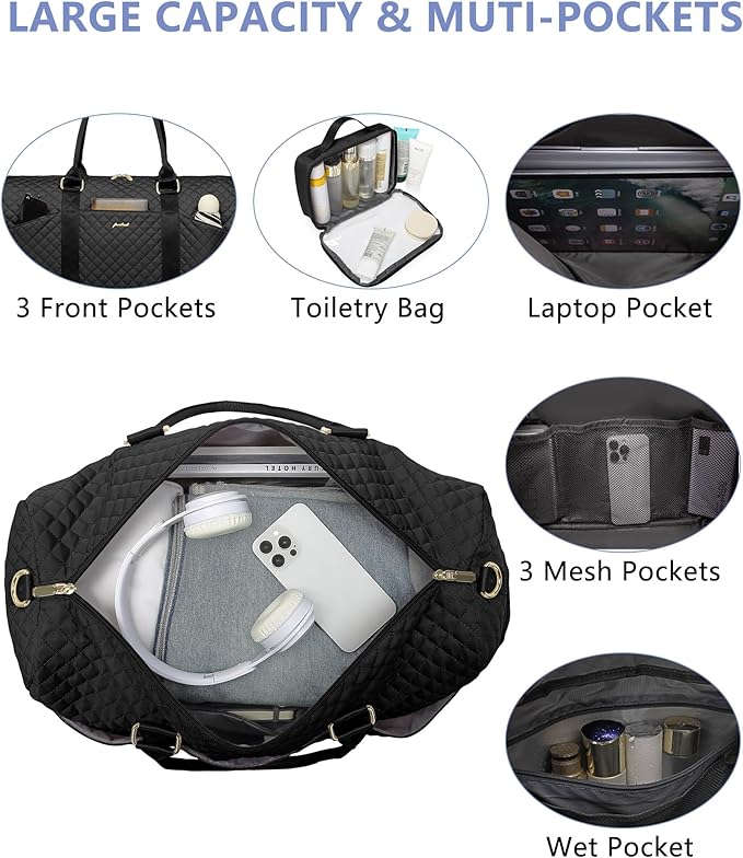 Travel Duffle Bag for Women - Weekender Bags with Shoe Compartment Large Carry on Overnight Tote Bag with Toiletry Bag Traveling Yoga Gym Bags with Wet Pocket Mommy Hospital Bag Black