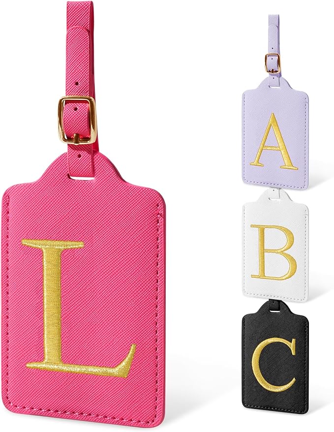 Personalized Initial Luggage Tags for Suitcases, Cute PU Leather Embroidered Letter Travel Luggage Tags, Suitcase Identifier Name Baggage Tag, Bag Tags for Men Women Kids Luggage Handbags(Rosered L)