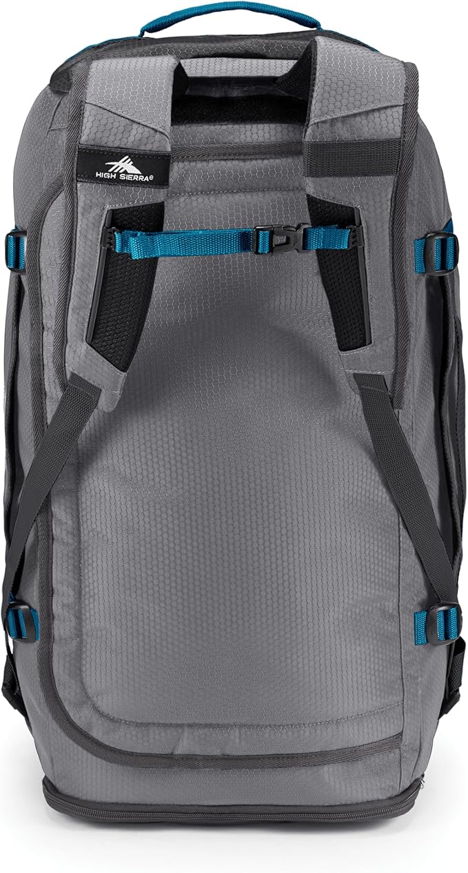 High Sierra Fairlead Convertible Duffel Bag, Lightweight and Durable Weekender Duffel, easily converts into backpack, 64L Capacity, Steel Gray/Mercury/Blue