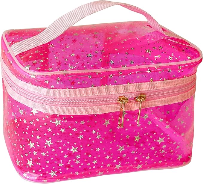 Star Print Pink PVC Makeup Bag with Handle - 8.66 * 5.51 * 5.51 inch,Clear Storage Bag Toiletry Pocket Portable Zippered Pouch Waterproof Cosmetic Organizer Bags for Women (Pink-L)