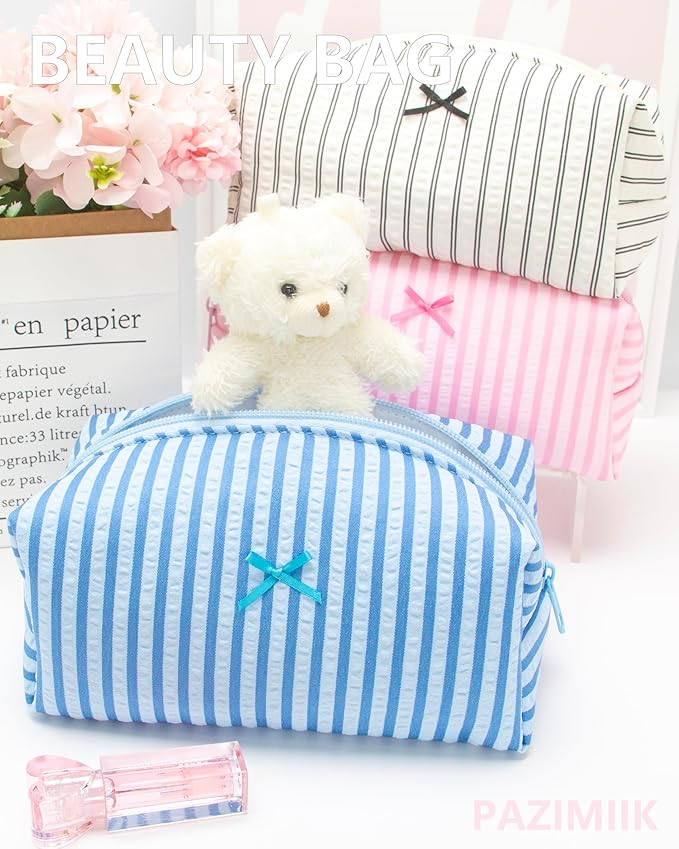 PAZIMIIK 6PCS Cozy Makeup Bag Small Aesthetic Travel Zipper Cosmetic Pouch for Women Make Up Beauty Accessories Brushes, Stripe Lake Blue