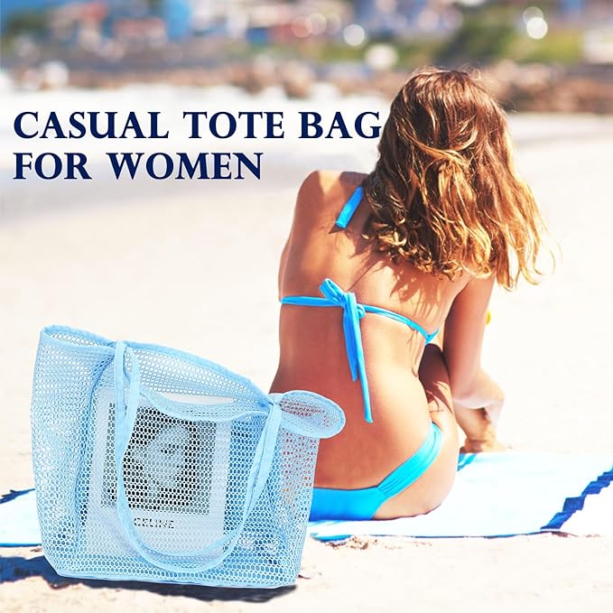 Fammart Mesh Beach Bag, Large Beach Tote with Zipper Pocket, Toys Pool Bag for Family Travel Vacation Cruise Essentials