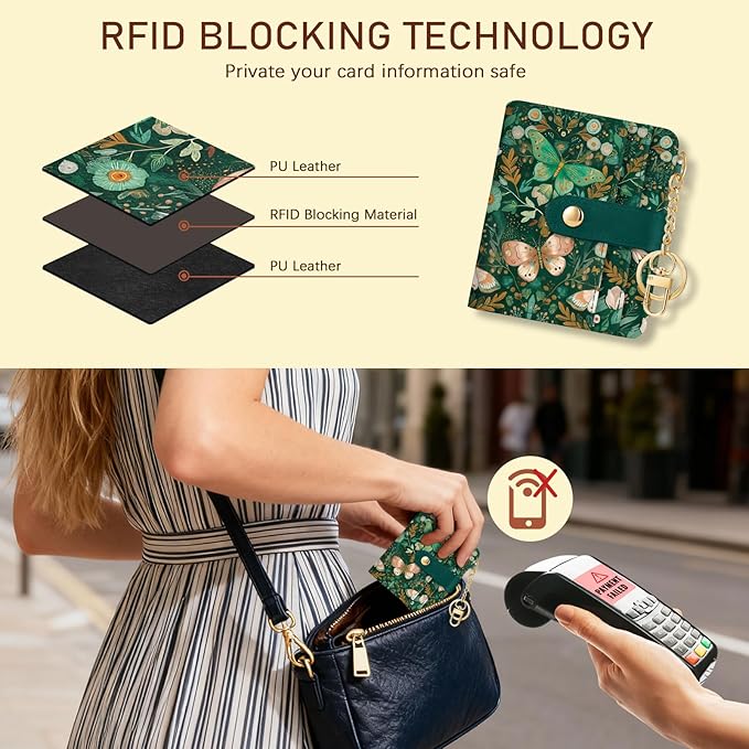 Jogjam Butterfly Green Rfid Women Wallet, Small Slim Thin Compact Credit Card Wallet, PU Leather Bifold Cash Wallet, Zipper Coin Pocket ID Window, Female Ladies Girl Gifts