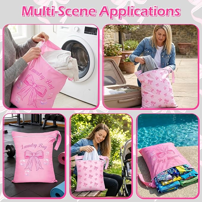 2 Pcs Large Travel Laundry Bags Waterproof Wet Dry Bag, Washable Dirty Clothes Bags for Travel，Drawstring, Bathing Suit, Workout, Gym Clothes Laundry, Swimming Pool & College Dorm, Pink Bow