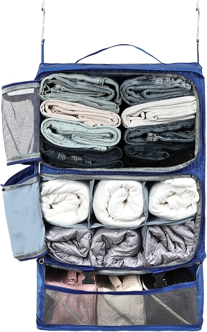 Surblue Hanging Shelves Travel Storage Bag Compression Packing Cube for Suitcase Portable Closet Organizer Collapsible with Extension Layer Large Capacity,Blue,XXL
