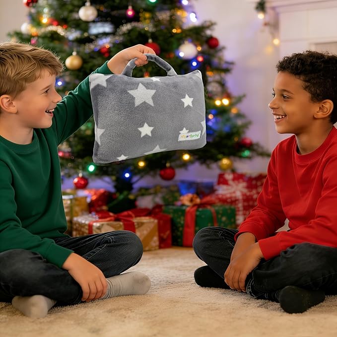 3-in-1 Kids Travel Pillow and Blanket Set - 40x60 Inches Soft Grey Star Design | Travel Blanket Airplane Compact with Bag | Ideal for Travel, Camping, Car Rides & Home Decor