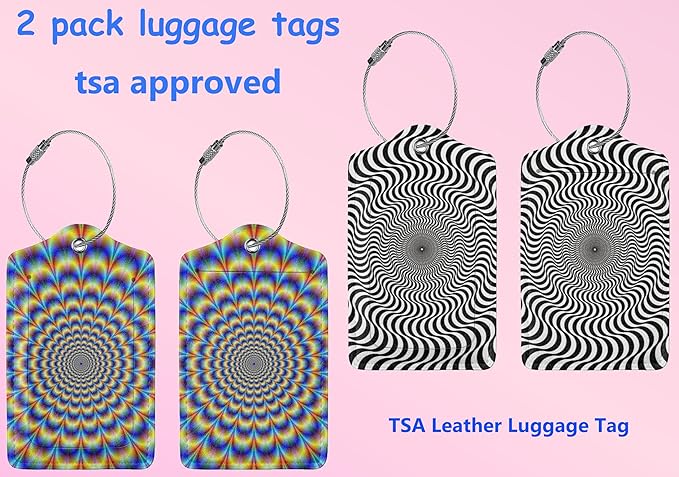2P Psychedelic spiral Optical illusion delusion spirals colorful abstraction hypnosis Luggage Tags Privacy Cover ID Label Stainless Steel Loop and Address Card for Travel Bag Suitcase Funny Cute Man