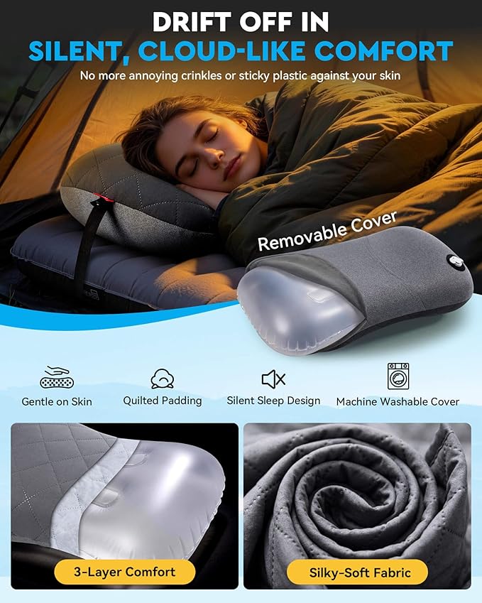 Hikenture Camping Pillow with Removable Cover - Ultralight Inflatable Pillow for Neck Lumbar Support - Upgrade Backpacking Pillow - Washable Travel Air Pillows for Camping, Hiking, Backpacking