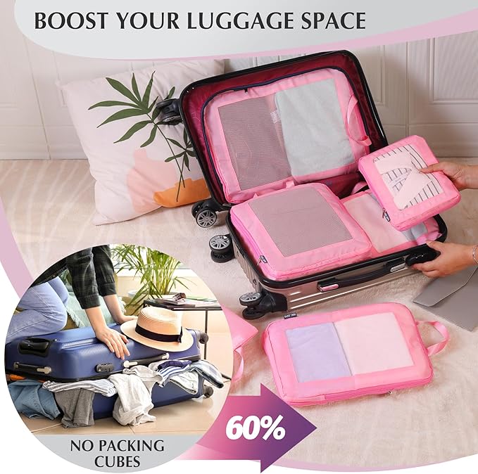 Ultralight Compression Packing Cubes for Suitcases Carry on，Compressible Mesh Packing Cubes for Travel Women Travel Essentials with Shoe Bag 6 Set (Pink)