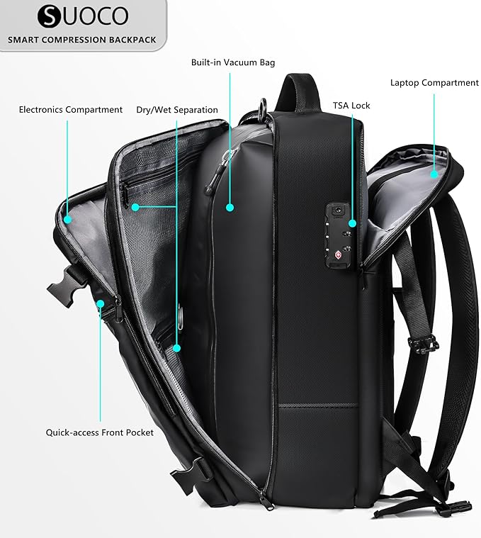SUOCO Travel Vacuum Backpack with Portable Electric Pump, 45L Carry On Compression Seal Travel Backpack with Vacuum System, Traveling Packing Luggage Suitcase, Black