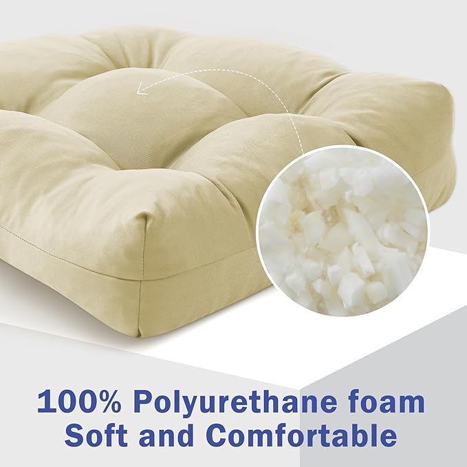 Outdoor Chair Cushions Set of 2, Patio Chair Cushions with Ties, 17x17+4” Tufted Outdoor Seat Cushions, Waterproof Patio Furniture Cushions, Outdoor Dining Chair Pads, Beige