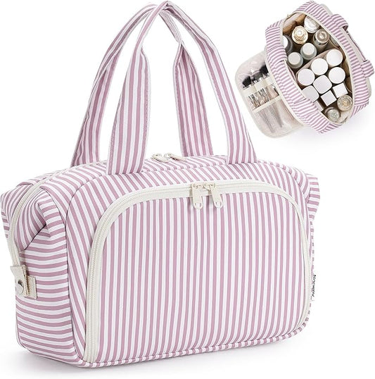 Narwey Travel Toiletry Bag for Women, Wide Open Large Makeup Bag, Cosmetic Bag Make Up Organizer with Handle, Wet Pocket for Towel, Travel Bag for Toiletries, Brushes, Essentials (Dusty Pink Stripe)