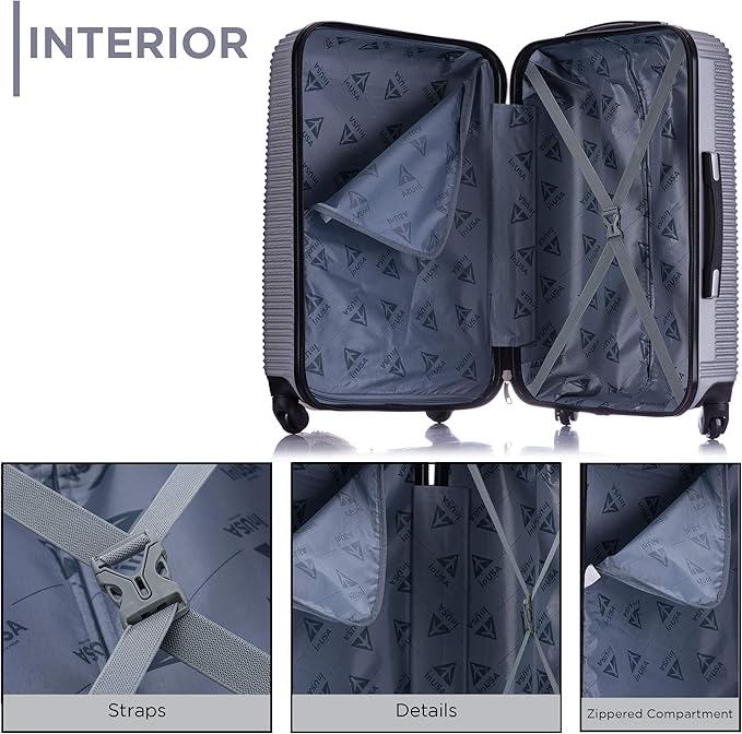 InUSA ROYAL Hardside Luggage Set with Spinner Wheel | Spacious Travel Suitcases with Ergonomic GEL Handle and Studs | (20/24/28/32) 4 Piece Luggage Set | Silver