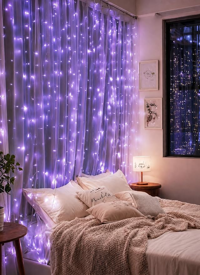 Brightown 300 LED Purple Fairy Curtain Lights, 9.8ft x 9.8ft String Lights | USB Plug in 8 Lighting Modes Halloween Christmas String Hanging Lights with Remote for Bedroom Indoor Outdoor Party Xmas