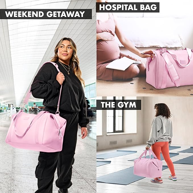 Fit & Fresh Neoprene Weekender Bag for Women – Carry-On Friendly Travel Duffel with Expandable Sides, Trolley Sleeve & Pockets – Lightweight, Water-Resistant Overnight Bag for Weekend Trips + Gym