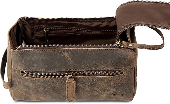 KomalC Premium Buffalo Leather Toiletry Bag for Men & Women With Water resistant Lining, Grooming Travel Pouch, Unisex Wash Bag for Toiletries, Gifts for Men and Women