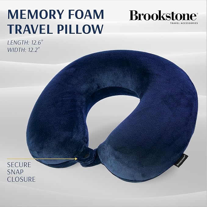 Brookstone Travel Neck Pillow - Lightweight Fleece Casing U-Shaped Stuffable Memory Foam Travel Pillow for Sleeping and Neck Support, Blue