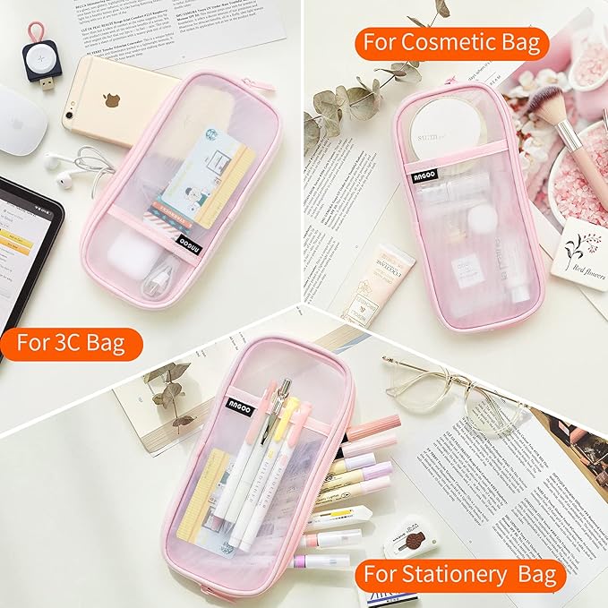 EASTHILL Grid Mesh Pen Pencil Case with Zipper Clear Makeup Color Pouch Cosmetics Bag Multi-Purpose Travel School Teen Girls and Boys Transparent Stationary Bag Office Organizer Box for Adluts(Pink)