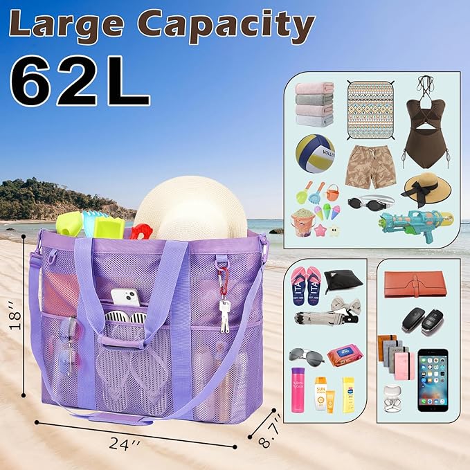 Fammart Mesh Beach Bag, Large Beach Tote with Zipper Pocket, Toys Pool Bag for Family Travel Vacation Cruise Essentials