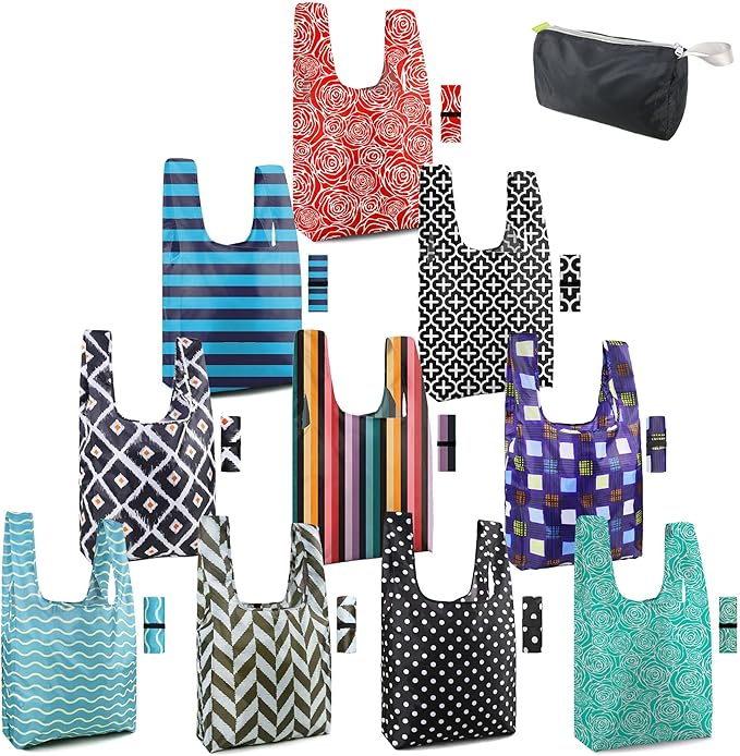 BeeGreen Geometry Reusable Grocery Bags Bulk Gifts 10-Pack - Large Tote with Zipper Pouch | Foldable & Washable Polyester Shopping Bags Heavy Duty Flower Lover Gifts Reusable Bag With Handles