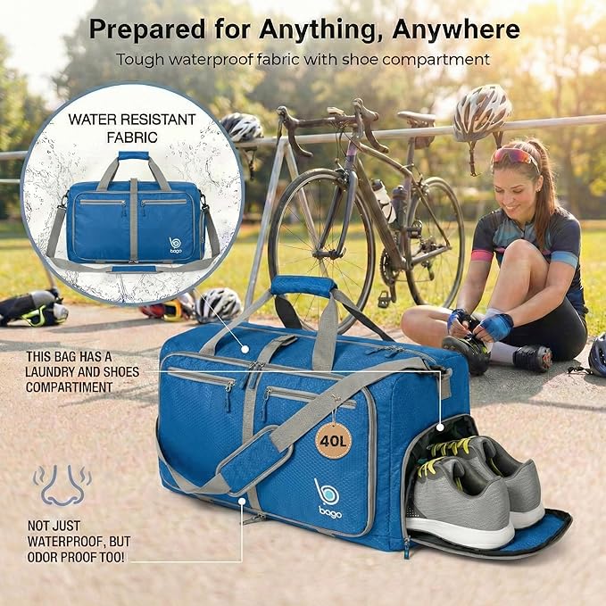 Bago Compact Duffle Bag for Travel Women & Men. Durable Lightweight Foldable Travel Duffel Bags For Traveling Women. 40L Duffle Bags a Reliable Weekender duffel or Overnight Bag With Shoe Compartment
