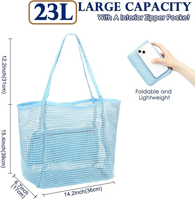 Fammart Mesh Beach Bag, Large Beach Tote with Zipper Pocket, Toys Pool Bag for Family Travel Vacation Cruise Essentials