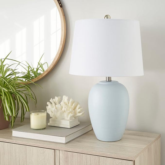 Nourison Home 23" Coastal Blue Ceramic Pot Table Lamp for Bedroom, Living Room, Dining Entryway, with White Shade