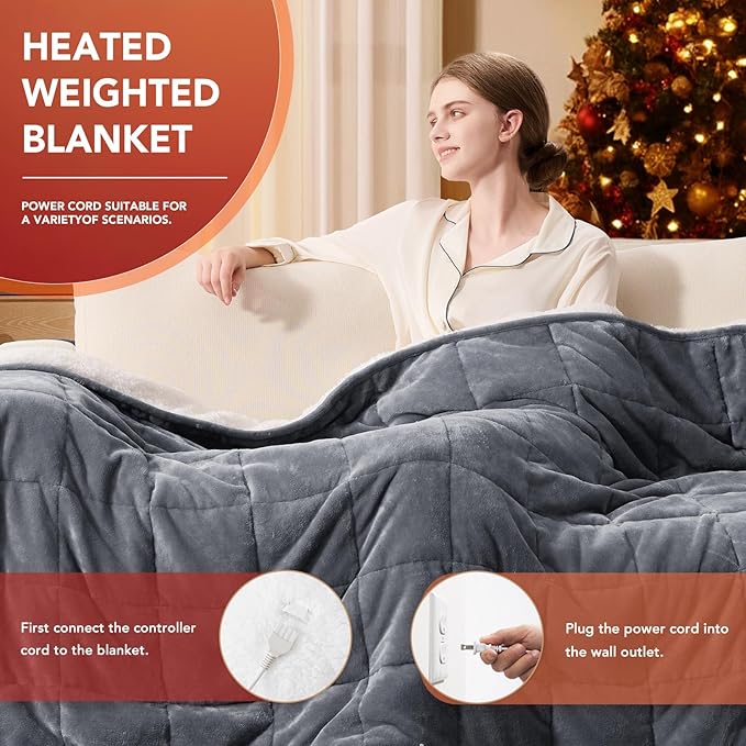 L'AGRATY Heated Weighted Blanket for Adults - 62"x84" 20lbs Electric Throw Fast Heating Heavy Blanket 1/2/4/6/8 Hour Auto Off 10 Heat Levels Over-Heat Protection Soft Flannel Sherpa