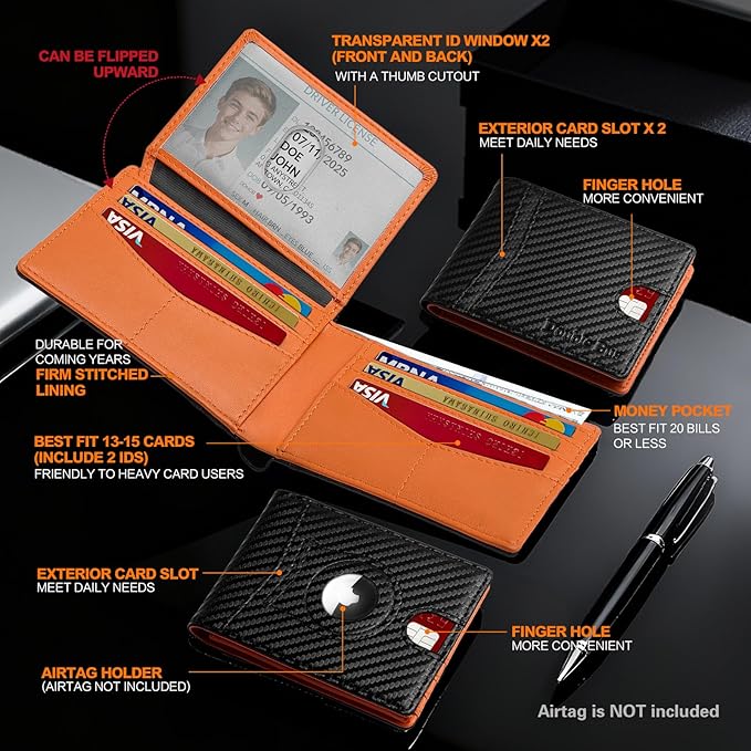 Wallet for Men Slim RFID Blocking Bifold Carbon Fiber,Minimalist Small Compact Front Pocket Credit Card Holder,Thin Mens Leather Wallets Smart Security With 2 ID windows 1 Cash