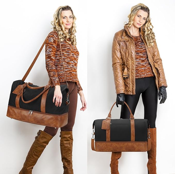 Oeihuivt Weekender Bags for Women - 21 Inch Large Travel Duffel Bag 2-Piece Set with Shoe Compartment, Heavy-Duty Canvas Leather Carry On Overnight Tote