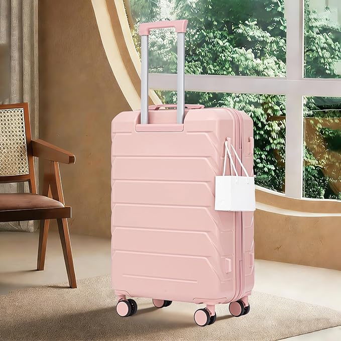 28 Inch Checked-Large Luggage, Lightweight ABS Hard Shell Suitcase with Spinner Wheels, Expandable Travel Luggage with Combination Lock & Side Hooks for Men Women (Pink, 28)