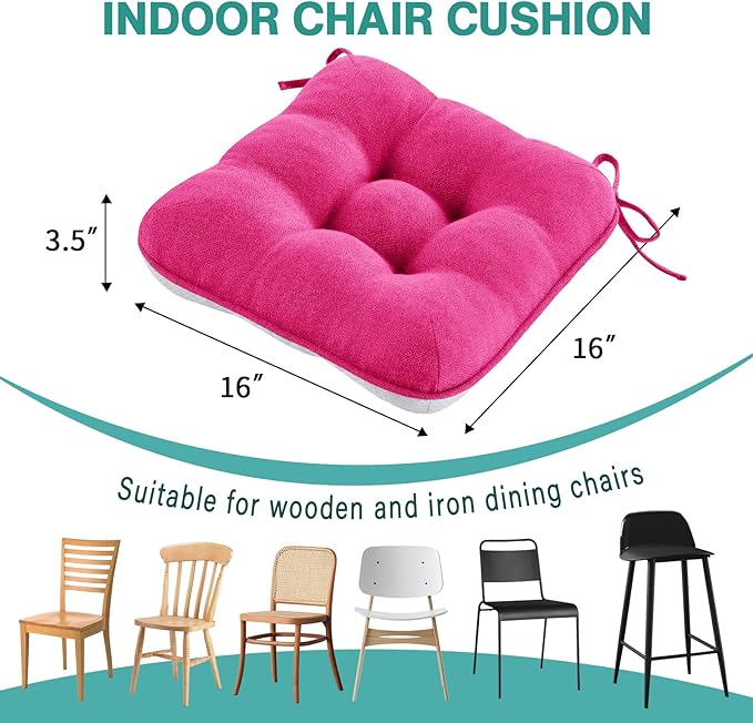 BETU Chair Cushions for Dining Chairs Set of 6,3.5" Thick Kitchen Table Chair Pads with Ties,Non Slip Backing and Covers, Seat Cushion for Dining Room,Bar,Patio Chairs,16"X16"X3.5",Hot Pink