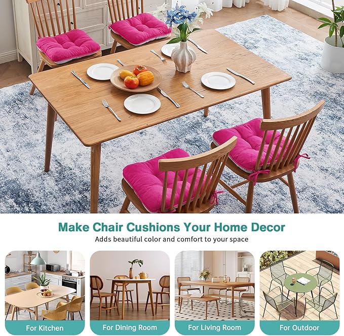 BETU Chair Cushions for Dining Chairs Set of 4,3.5" Thick Kitchen Table Chair Pads with Ties,Non Slip Backing and Covers, Seat Cushion for Dining Room,Bar,Patio Chairs,16"X16"X3.5",Hot Pink