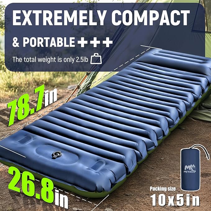 Myxslop Sleeping Pad, Ultralight Inflatable Sleeping Pad for Camping with Pillow & Pump, Air Mattress Super Portable, Great for Camping Gear, Hiking, Side or Lounging Sleeper (Blue)