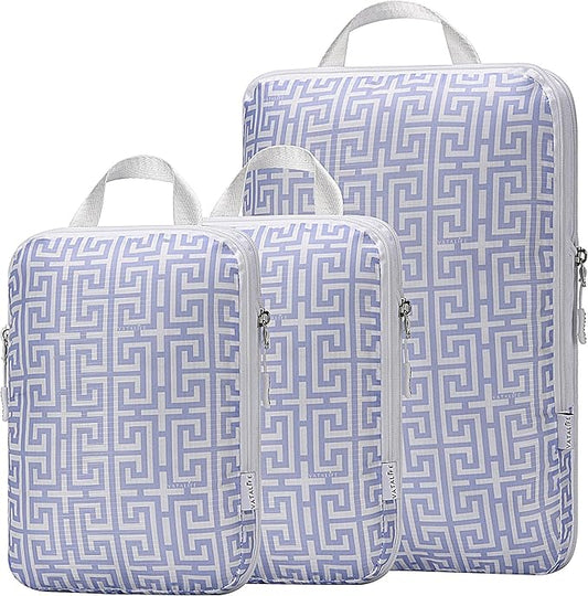 Compression Packing Cubes Organizer Bags for Suitcase & Backpack, Packing Cubes for Travel, Lightweight Luggage Organizers, Travel Cubes for Packing, Vacation Essentials - 3pc Set - Light Blue Boho