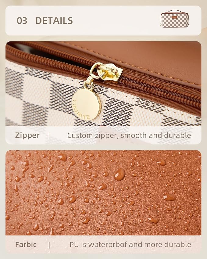 Cosmetic Bag Travel Makeup Bag, Open Flat Makeup Bags for Women, Waterproof Portable Pouch Toiletry Bag Make up Organizer with Divider and Handle Travel Essentials（A-brown Medium）