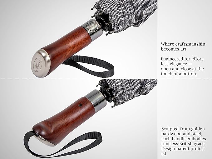 Balios (Designed in UK) Travel Umbrella Luxurious Golden Hardwood Handle Auto Open & Close Windproof Frame Single Canopy Automatic Folding Umbrella Men's & Ladies