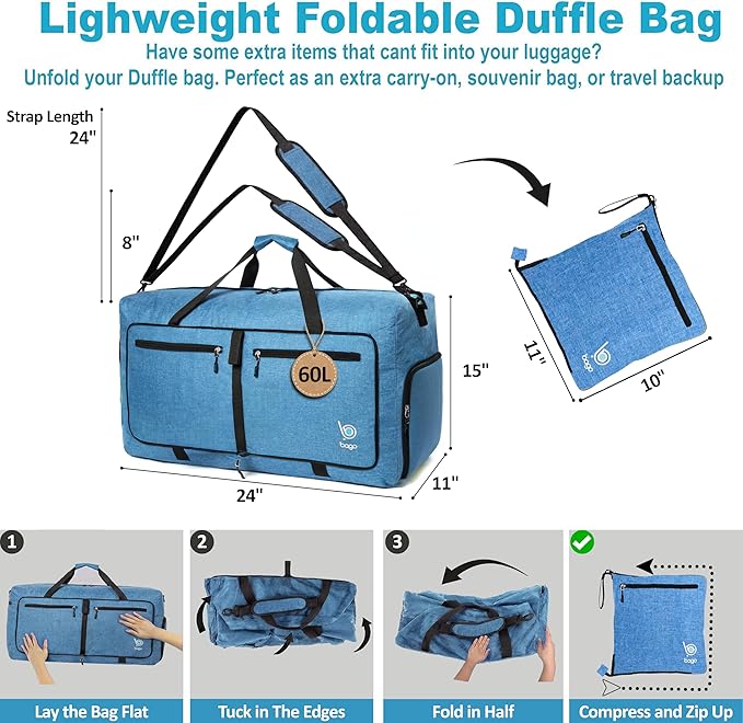 Bago Medium Duffle Bag for Travel Women & Men. Durable Lightweight Foldable Travel Duffel Bags For Traveling Women. 60L Duffle Bags For Overnight Bag With Shoe Compartment Collapsible Weekender duffel