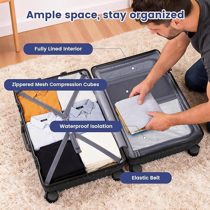Zipperless Suitcase, 28 Inch Checked Luggage, Hardshell Aluminum Frame Polycarbonate Luggage with Phone Holder, Cup Holder, Charging Port, TSA Lock, Spinner Wheels for Vacations, Black