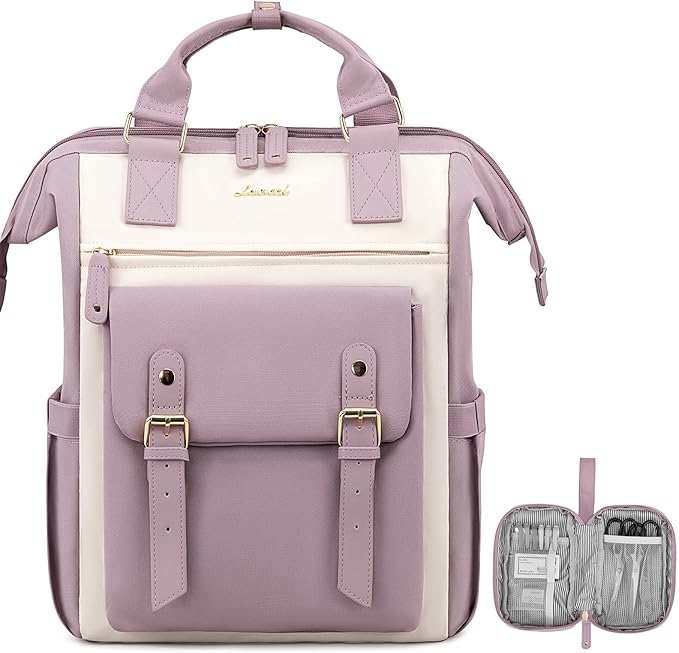 LOVEVOOK Laptop Backpack for Women, Teacher Nurse Bag Work Travel Computer Backpacks Purse,Water Resistant Daypack,Purple Beige 15.6in