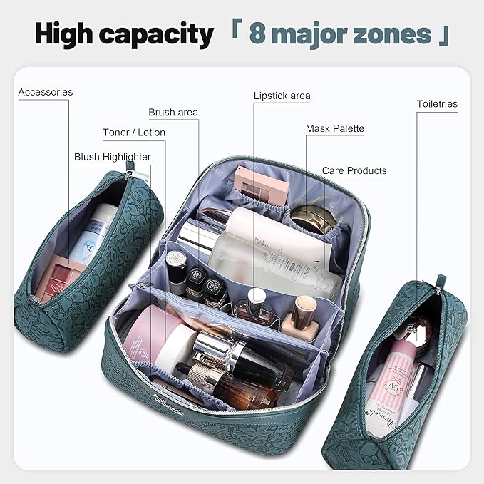 BOYATU Travel Makeup Bag Cosmetic Bags for Women: Large Capacity 3 Pcs Set Make up Bag with Compartments - Waterproof Vegan Leather Toiletry Organizer Bags with Handle (Z-63Blue)