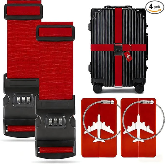 4-piece Set of Lockable Luggage Straps - Two Luggage Straps and Two Luggage Tags to Protect Your Luggage from Bursting, Suitable for suitcases 20-32 in(Red Password Lock)