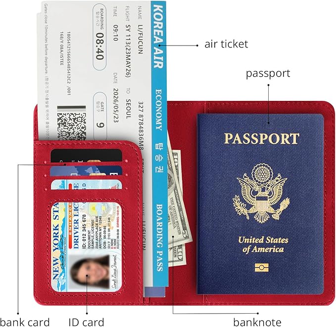 Passport Holder for Travel Essentials,RFID Blocking Passport Cover Wallet Card Case for Women and Men (Red)