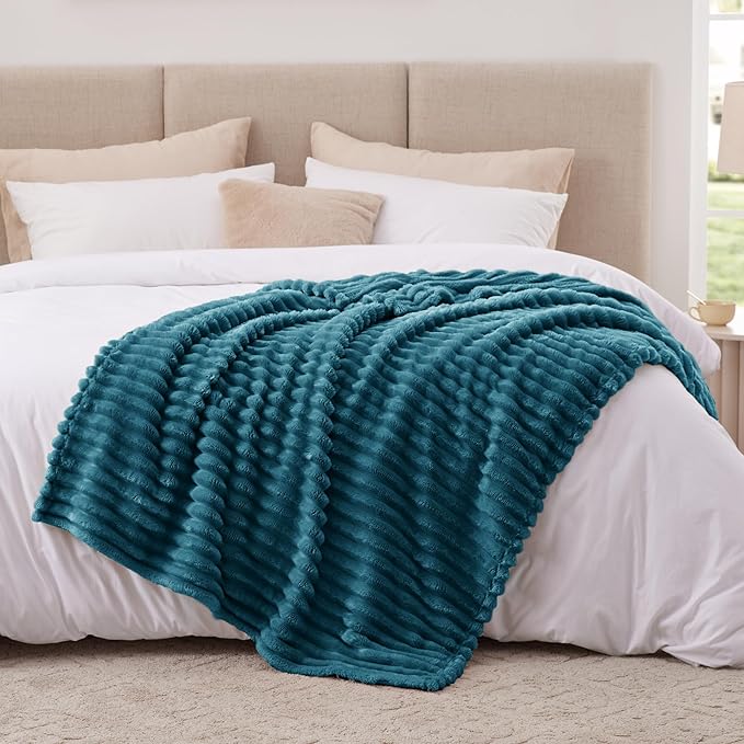 EXQ Home Fleece Throw Blanket for Couch or Bed - 3D Stripe Jacquard Decorative Blankets - Cozy Soft Lightweight Fuzzy Flannel Blanket Suitable for All Seasons(50"×60",Teal)