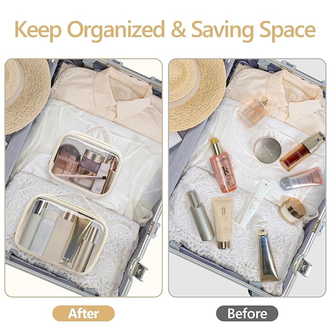 PACKISM Clear Makeup Bag Combo Pack, 1 TSA Approved Medium & Large for Checked Luggage, Clear Toiletry Bag with Handle, Water-resistant Travel Essentials Organizer, Creamy Off-White