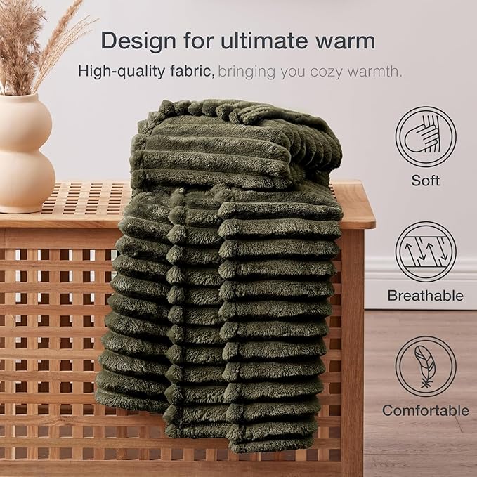 EXQ Home Fleece Blanket Queen Size for Couch or Bed - 3D Stripe Jacquard Decorative Blankets - Cozy Soft Lightweight Fuzzy Flannel Blanket Suitable for All Seasons(90"×90",Dark Green)