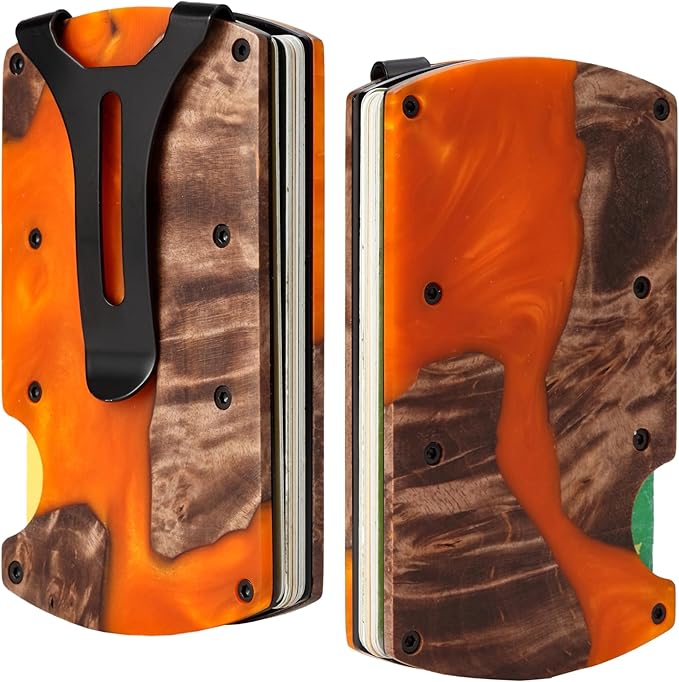 Carbon Fiber Minimalist Wallet for Men Credit Card Holder Money Clip & Cash Strap Slim RFID Mens Wallets,Resin Natural Walnut Wood,Unique Pattern,Orange