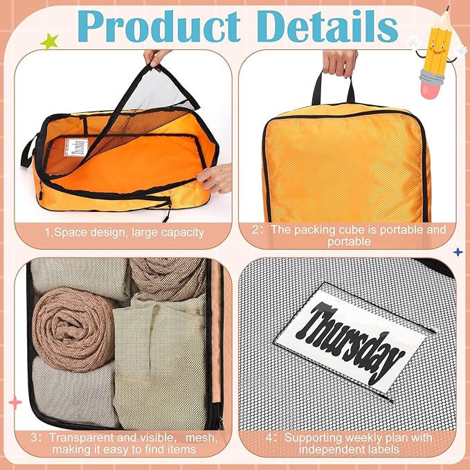 7 Pcs Packing Cubes for Travel Large Days of Week Compression Packing Cube with Labels Luggage Organizers Storage Bag(Multicolor)