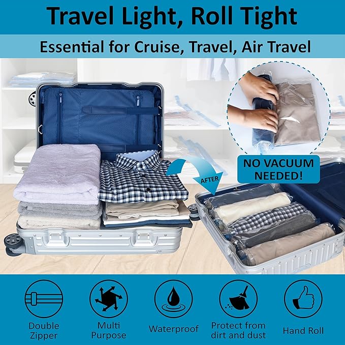 Cozy Essential Compression Bags for Travel - Travel Essentials - 24 Pack Space Saver Bags - No Vacuum Needed - Compression Packing Bags for Cruise Accessories